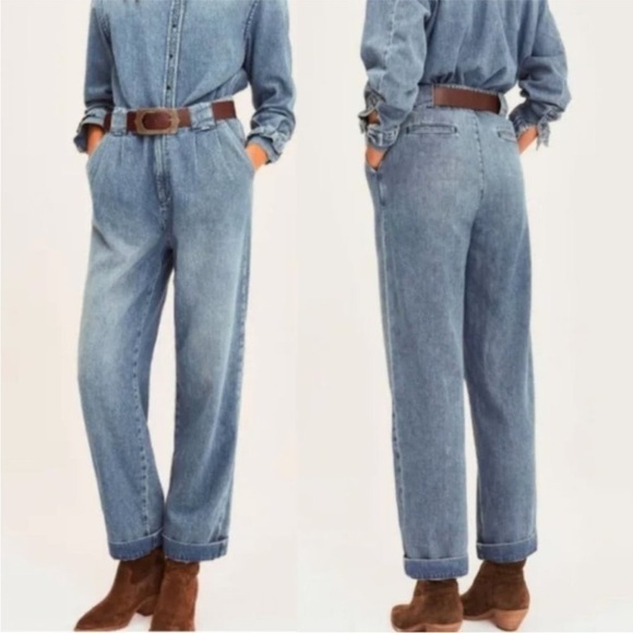 ba&sh Denim - Ba&sh Saxo Pleated Wide Leg Organic Cotton Blue Denim High Waist Jean Trousers